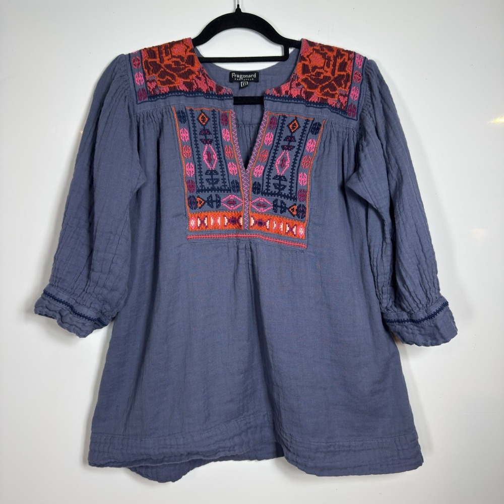 FRAGONARD Embroidered Boho Blue Babydoll Floral Top Cotton Size T1 Small